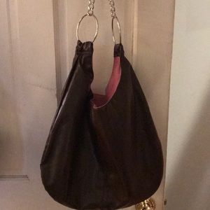 Retro PU Leather Sack Purse Brown & Hot Pink